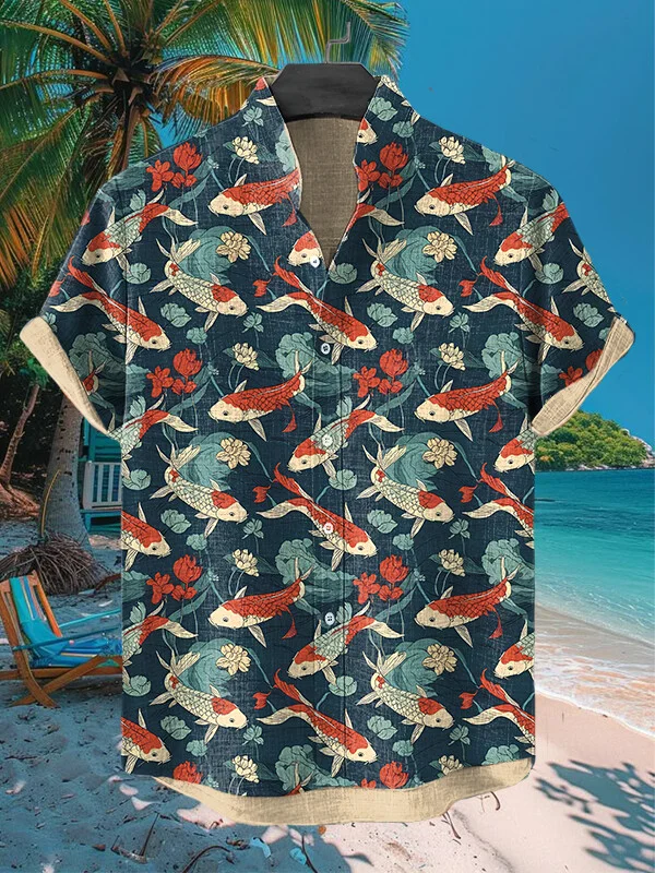 Men's Koi And Flowers Art Print Casual Shirt
