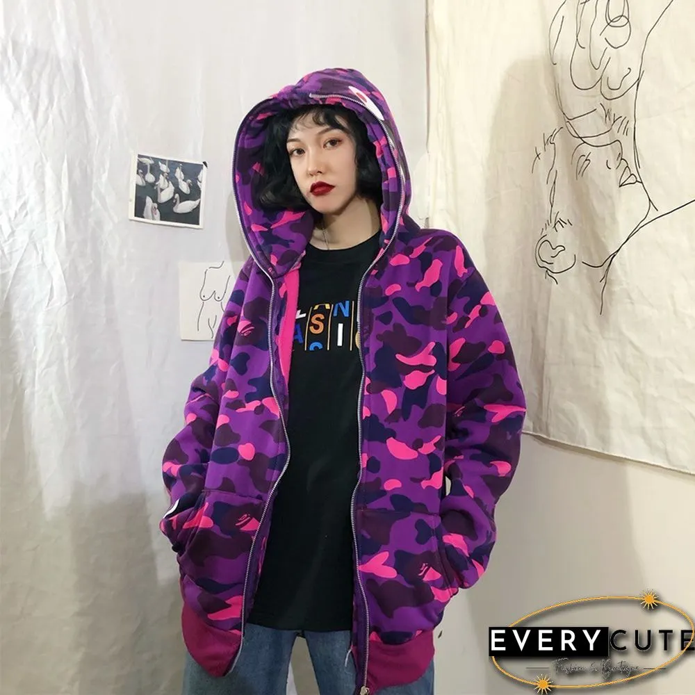 Autumn & Winter New Fashion Brand Camouflage Shark Head Couple Loose Hooded Coat Sweater