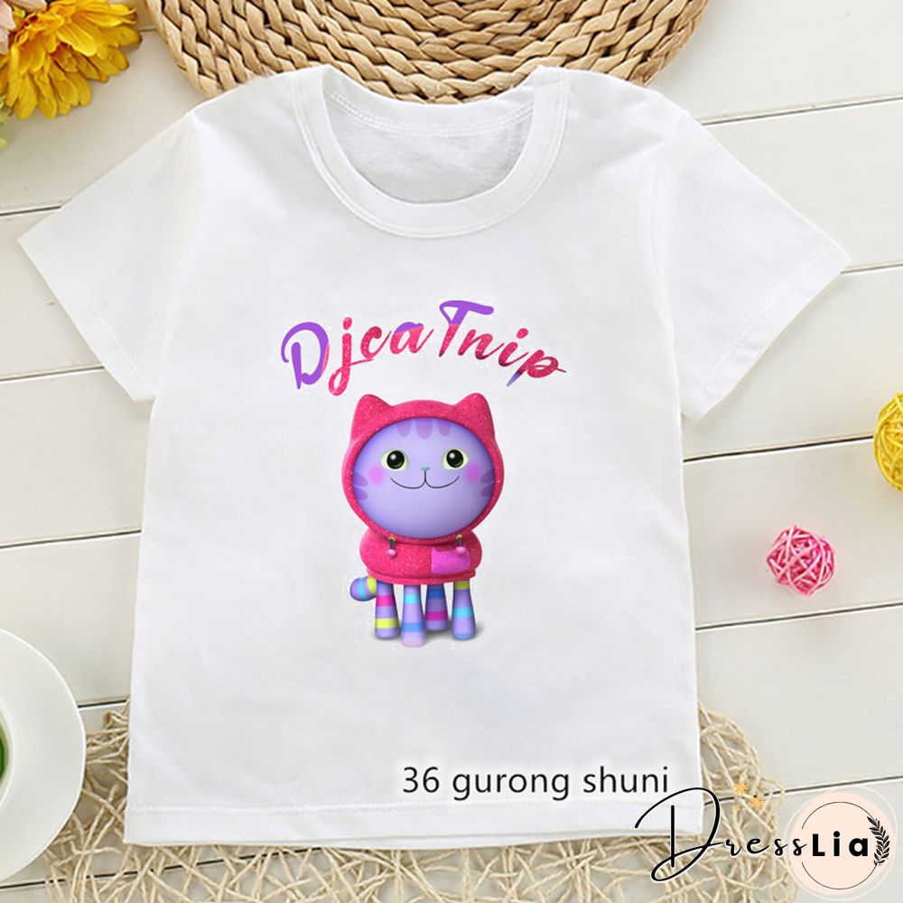 Kawaii Girls T Shirts Gabbys Doll House Cartoon Print Childrens Tshirt Summer Tee Girls Clothes White Camisole Tops