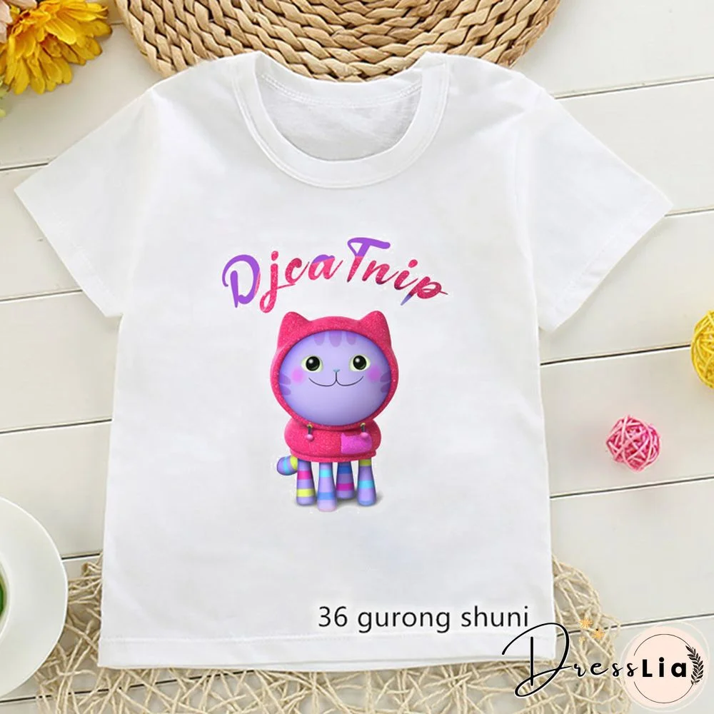 Kawaii Girls T Shirts Gabbys Doll House Cartoon Print Childrens Tshirt Summer Tee Girls Clothes White Camisole Tops