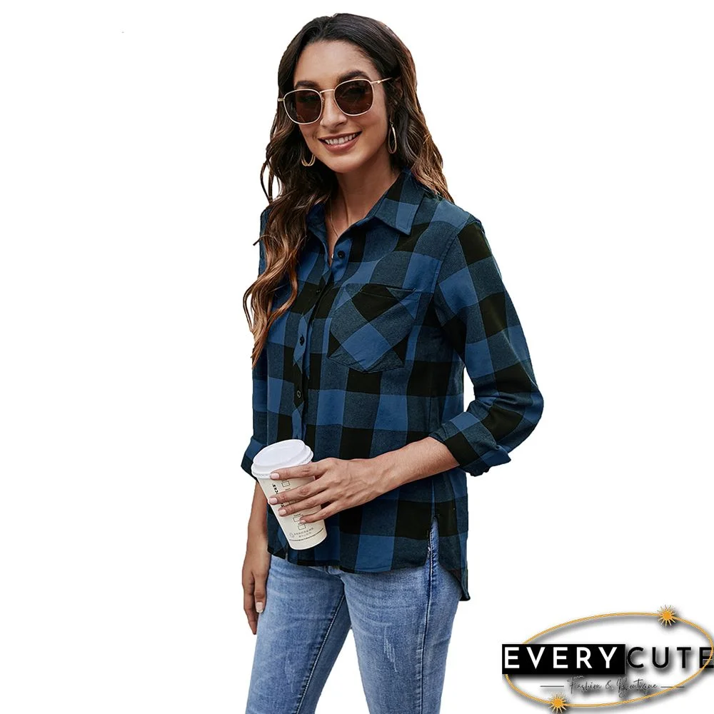 Navy Blue Plaid Print Cotton Shirt with Pockets