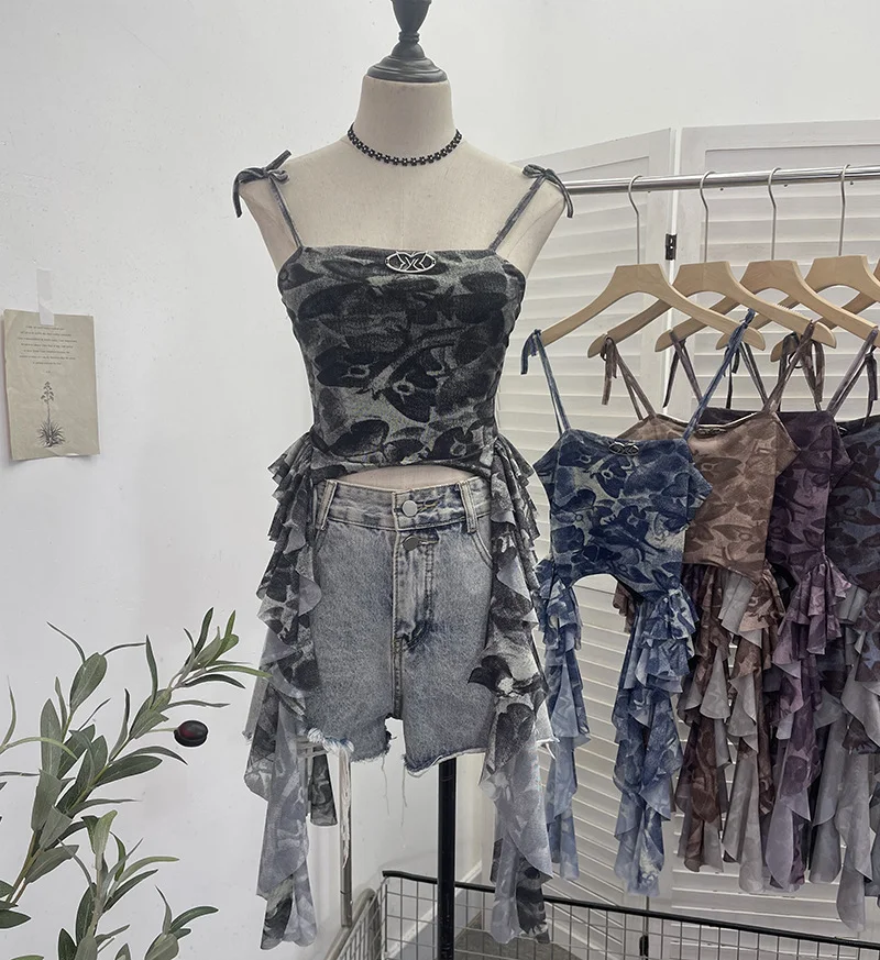 Uveng Real Shooting 2024 New Niche Babes Print Sling Vest Hem With Lotus Leaf Edge Sleeveless Top 6663