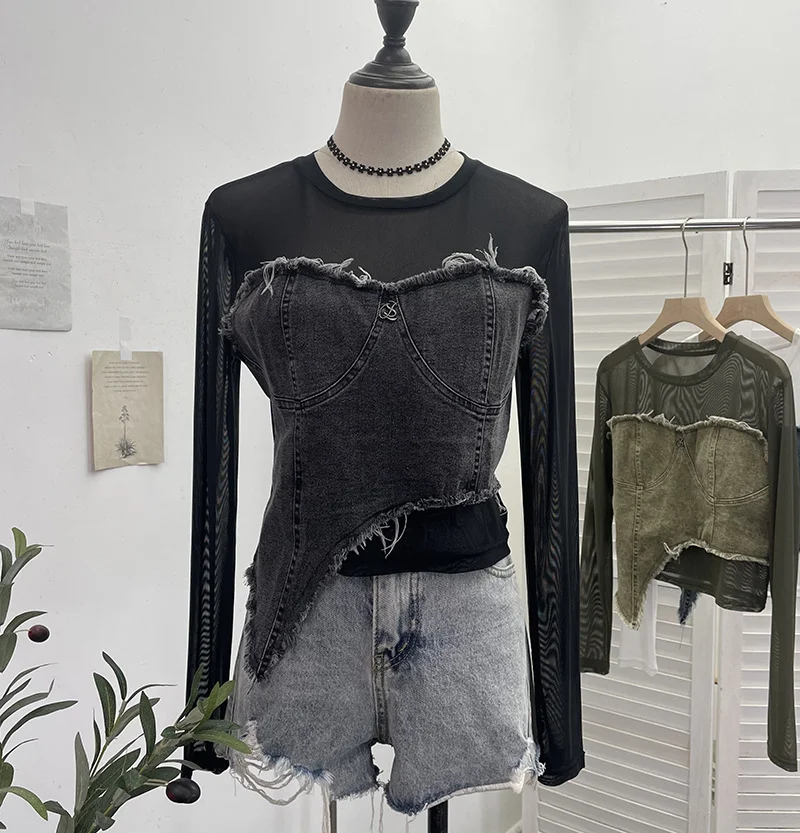 Churchf Design Feel Niche Cowboy Splicing Long-Sleeved Mesh T-Shirt Girl Summer Round Collar Dress Short Top 2617