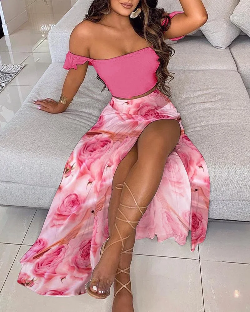 CM.YAYA Women Boho Elegant High Side Split Maxi Long Skirts Suit with Strapless Crop Tops Matching Two 2 Piece Set Outfits 2022