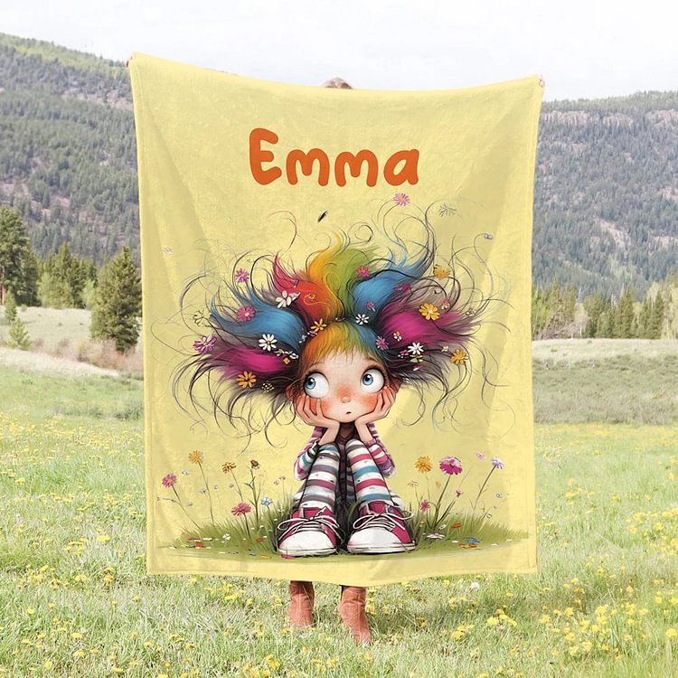 Personalized Multicolor Quirky Girl Soft Throw Blanket with Name Home Decor Birthday Gift for Girls Women