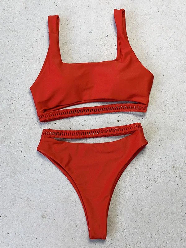 Solid Color Hollow Bandage Split Bikini Swimsuit