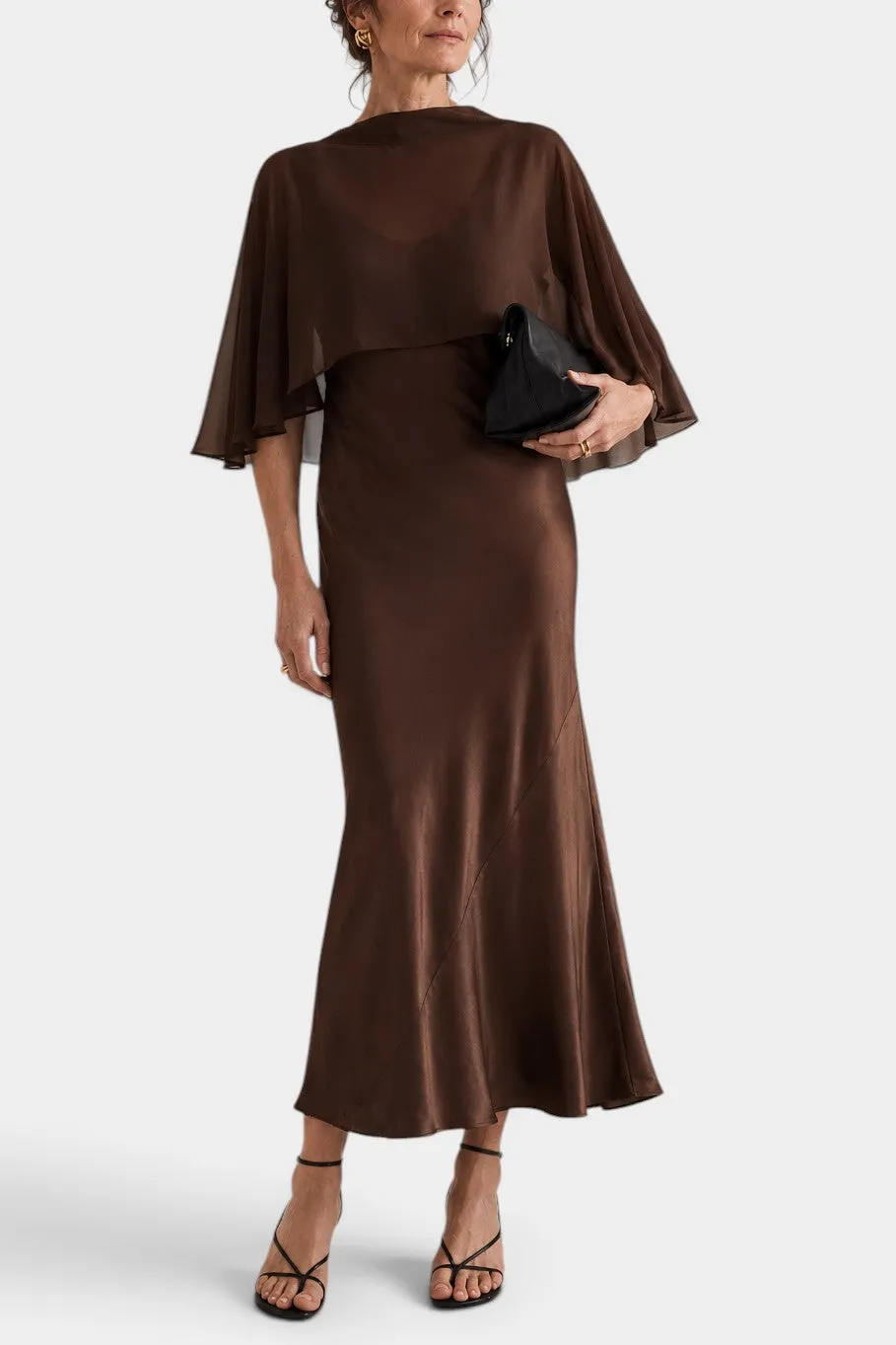 Sheer Cape Over Satin Midi Dress