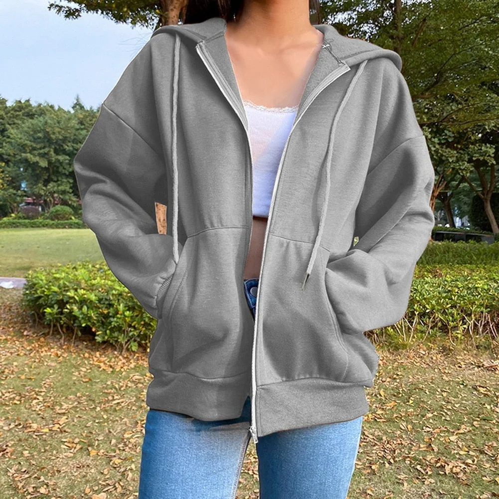 Women's Casual Loose Zip Up Hoodies Solid Color Long Sleeve Hooded Sweatshirts E-Girls Pullover Top Spring Autumn Streetwear