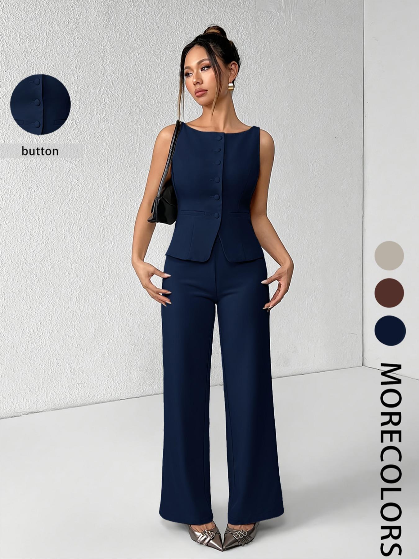 Women's Solid Button Front Sleeveless Tank Top & Wide Leg Pants Set, Casual Elegant Chic Minimalist Fashion Two-piece Set for Summer, Women's Clothing for Daily Wear, Suits, Office Siren Outfits, Casual Matching Set, Corporate Outfits Women
