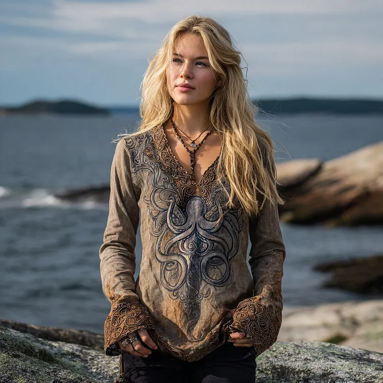 Women's Nordic Celtic Knot Octopus Inspired Linen V-neck Shirt