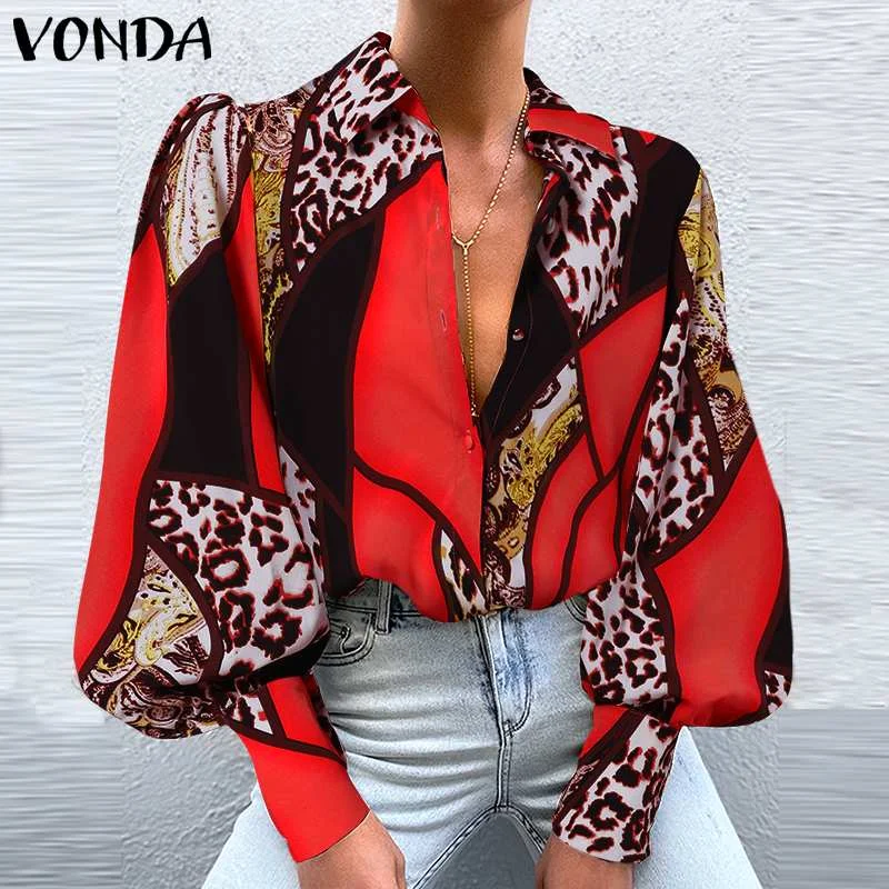 Printed Blouse Women Casual Long Sleeve Shirts 2022 VONDA Vintage Lapel Collar Casual Tops Beach Holiday Blouse Blusas Femininas