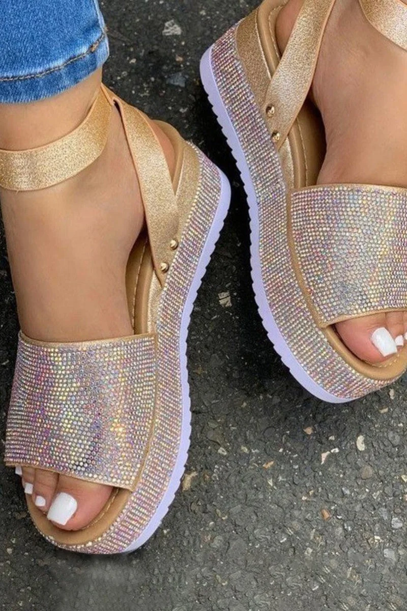Street Sequined Tie Leg Gold Platform Sandals Shoes