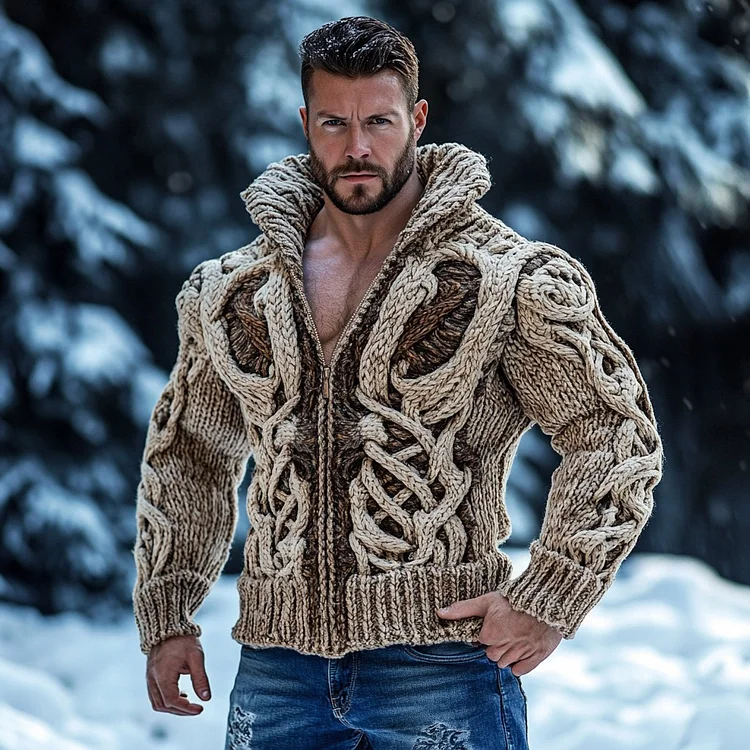VChics Retro Viking Dragon Bone Inspired Jacquard Chunky Knit Zipper-up Cardigan
