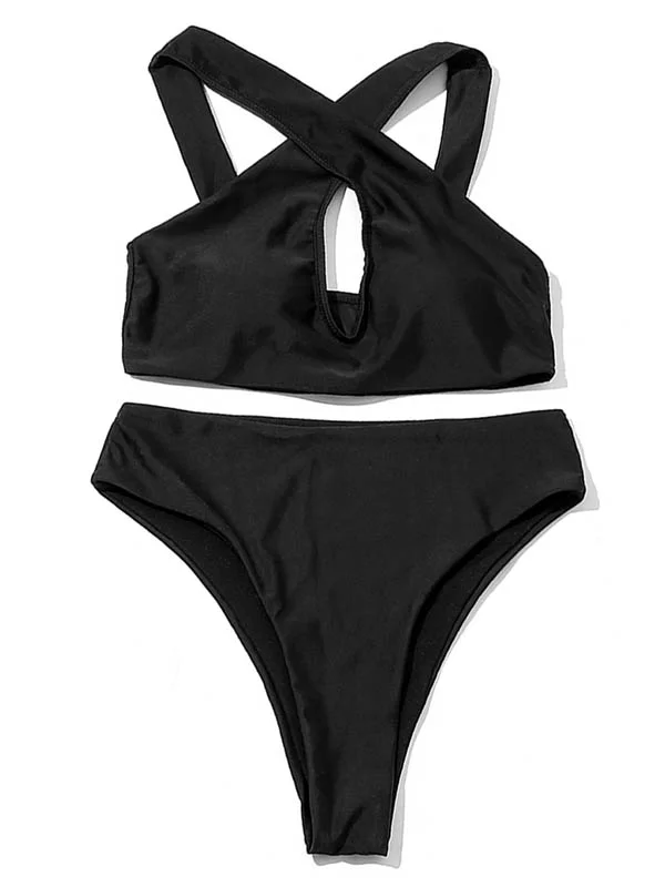 Sexy Solid Color Crossed Split Bikini Swimsuit