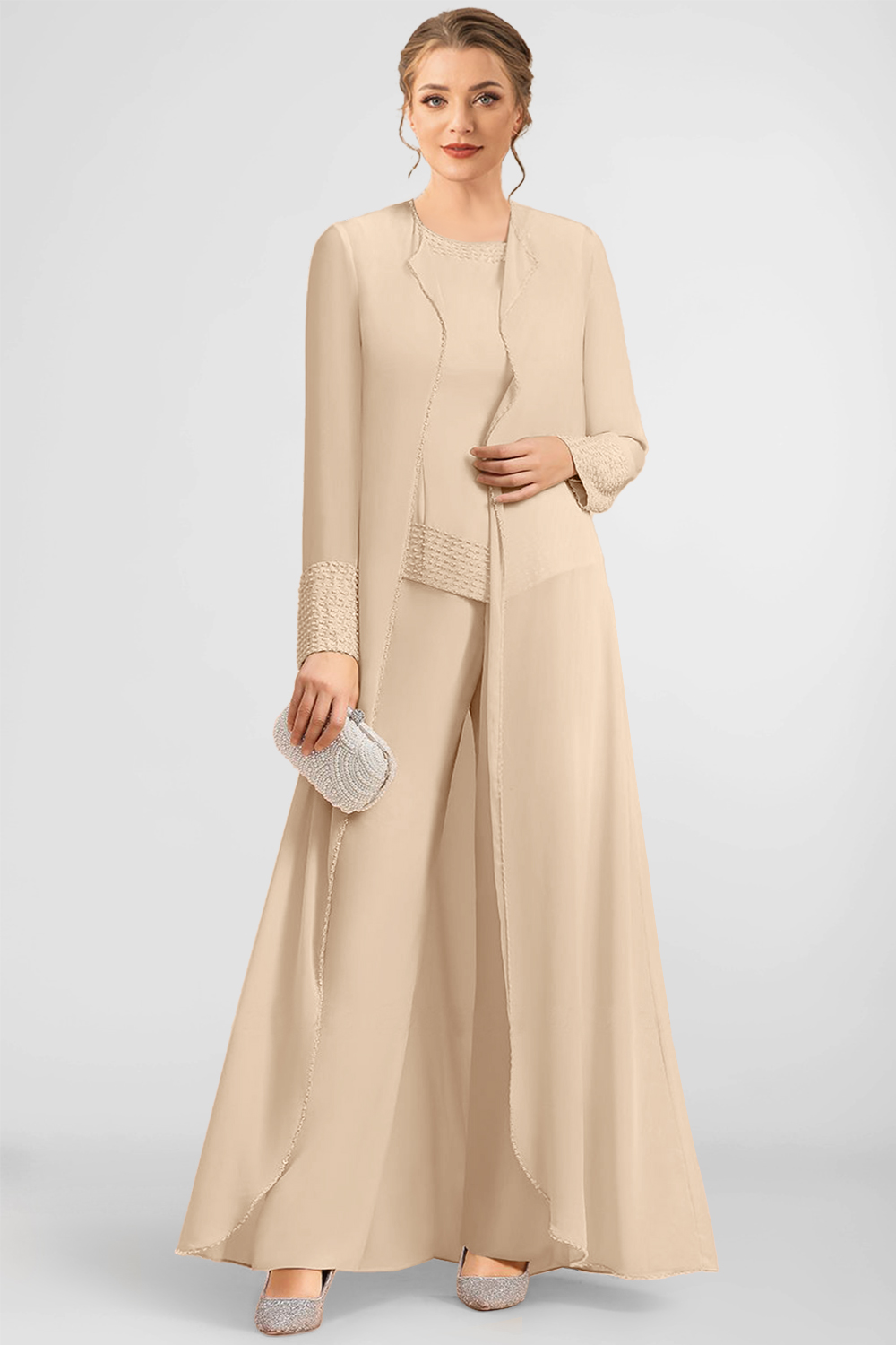Flycurvy Plus Size Mother Of The Bride Apricot Sequin Embellishment Chiffon Wide Leg Three Piece Pant Suit 2024 - Flycurvy 