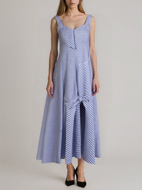 Plaid Patchwork Stripe Strap Split Midi Dress