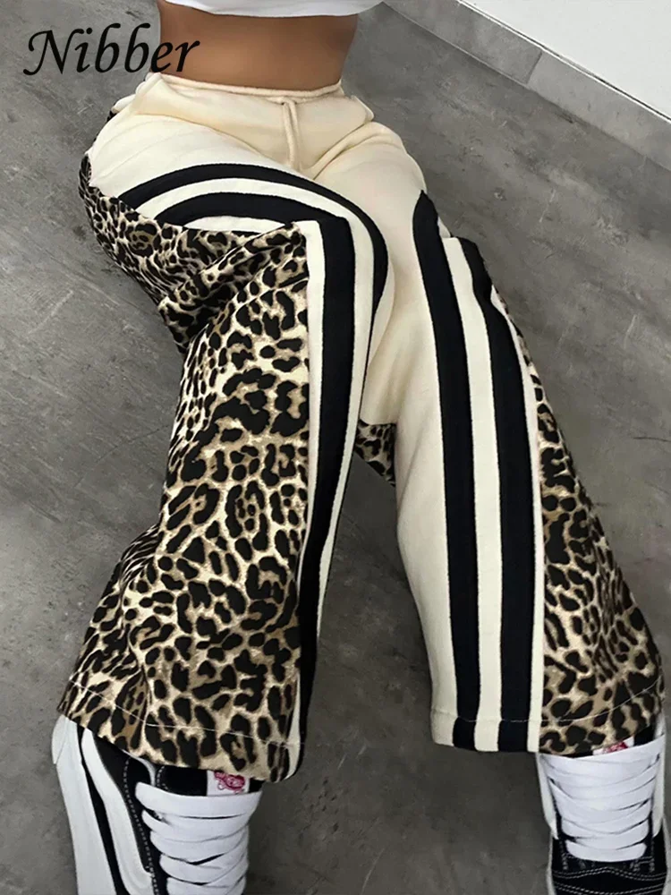 Hedirax  Side Stripe Women Flare Pants Autumn Hipster Leopard Patchwork Pocket Casual Wild Basic Street Sports Sweatpants Trousers