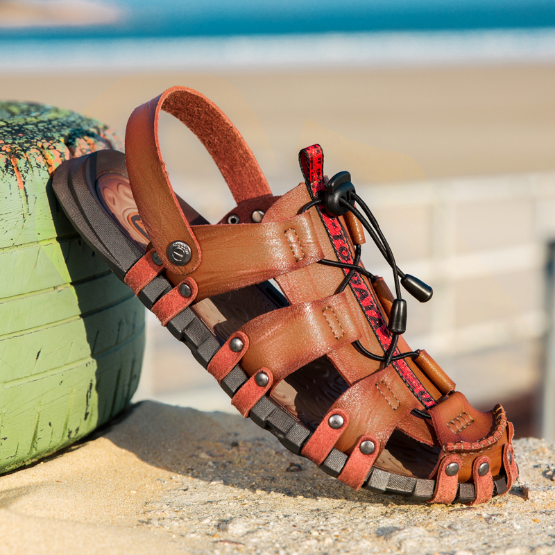 Men's Leather Handmade Closed Toe Rivet No Glue Beach Sandals | ARKGET