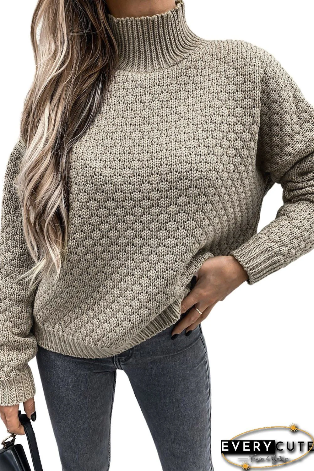 High Neck Drop Shoulder Textured Knit Sweater