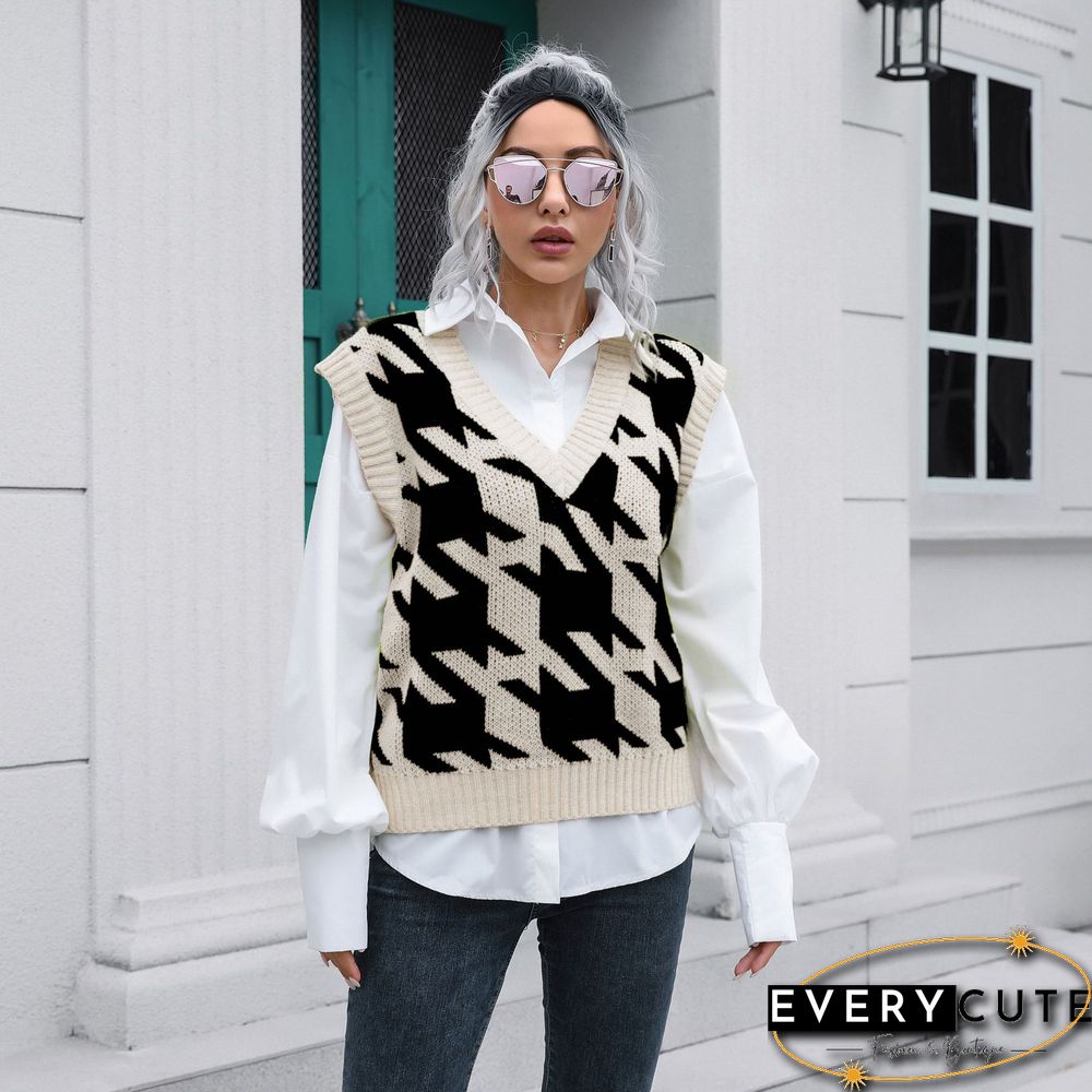 Houndstooth V-neck Vest Sweater Women's Tank Tops Outer Wear Inner Autumn And Winter Knitted Sweaters New Sweater