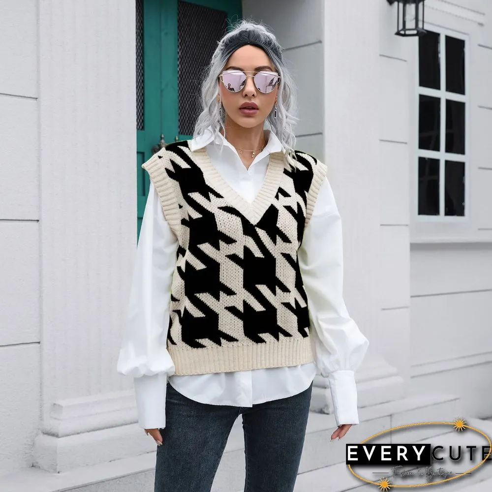 Houndstooth V-neck Vest Sweater Women's Tank Tops Outer Wear Inner Autumn And Winter Knitted Sweaters New Sweater
