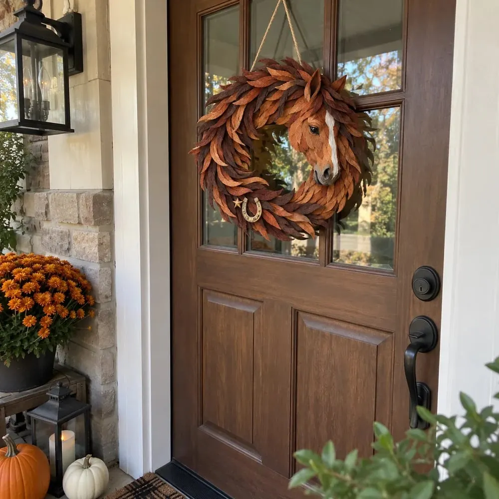 The horse wreath displayed on an everyday front door with fall pumpkins