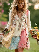 Women's Retro Bohemian Floral Casual V-neck Long Sleeve Dress