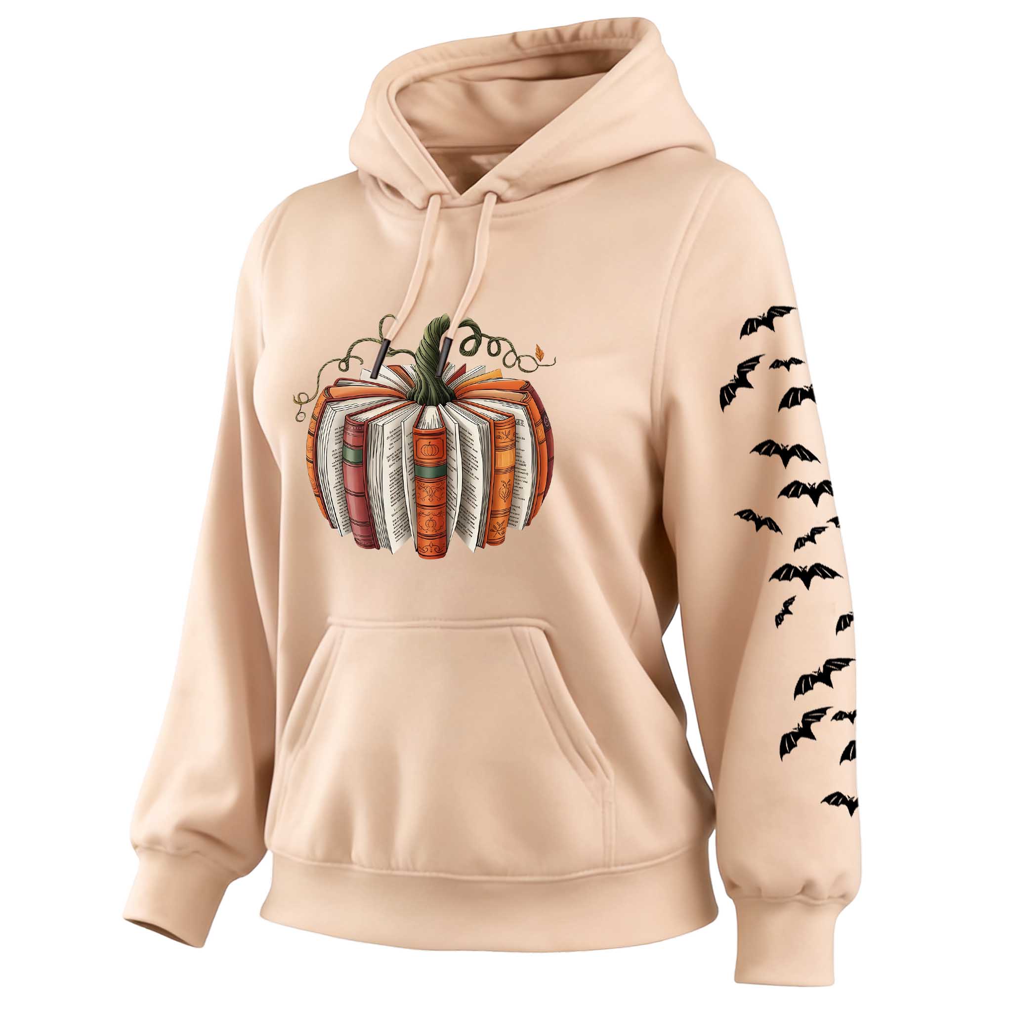 Women's Vintage Halloween Pumpkin And Bat Print Pocket Long-Sleeve Apricot Hoodie
