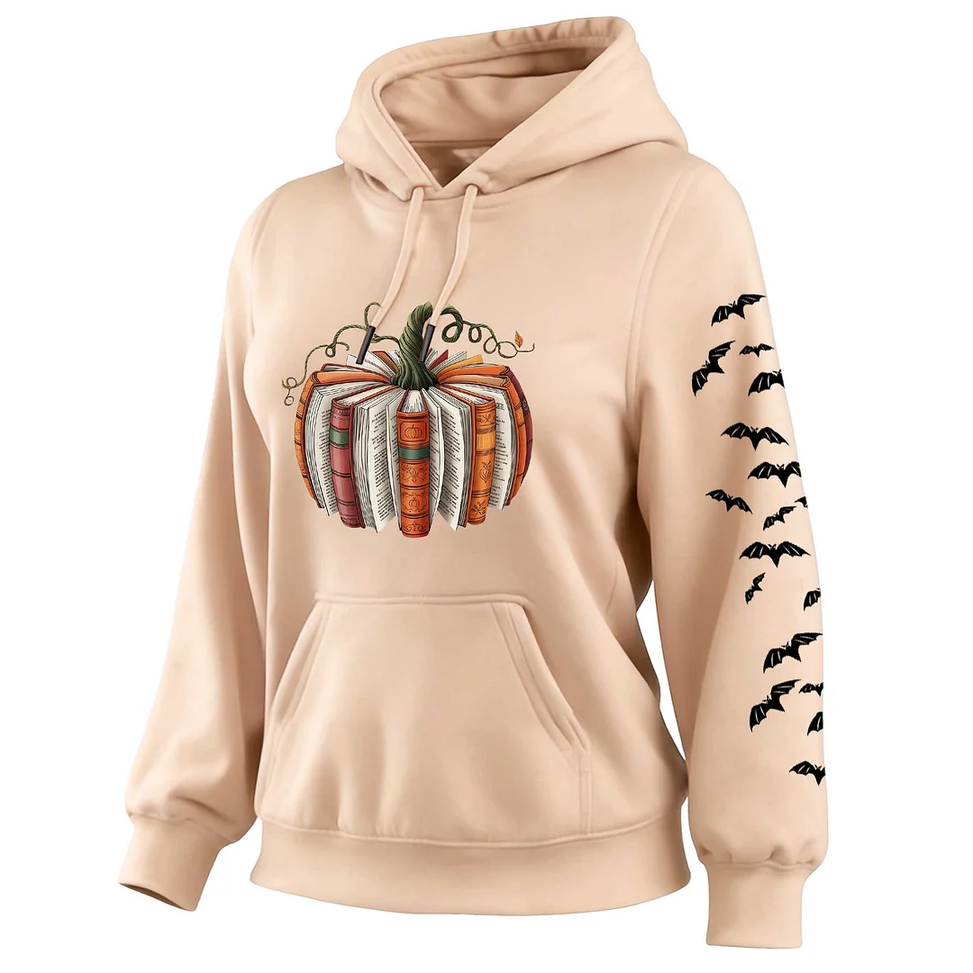 Women's Vintage Halloween Pumpkin And Bat Print Pocket Long-Sleeve Apricot Hoodie