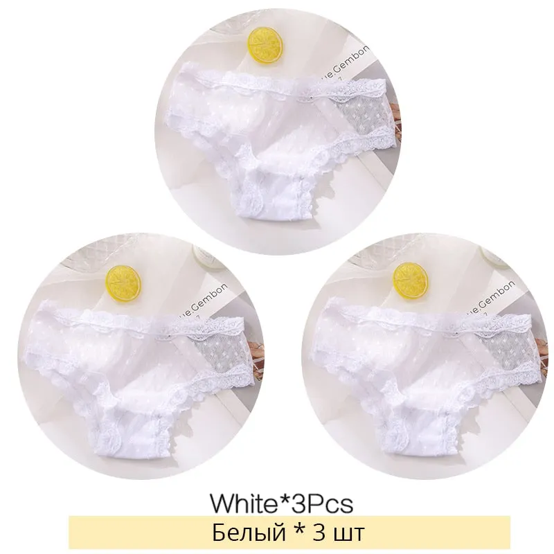 FINETOO Sexy Lace Thongs Women 3Pcs/set Transparent G-string Panties Dots Lace T-back Underwear Fashion Female Underpants M-XL