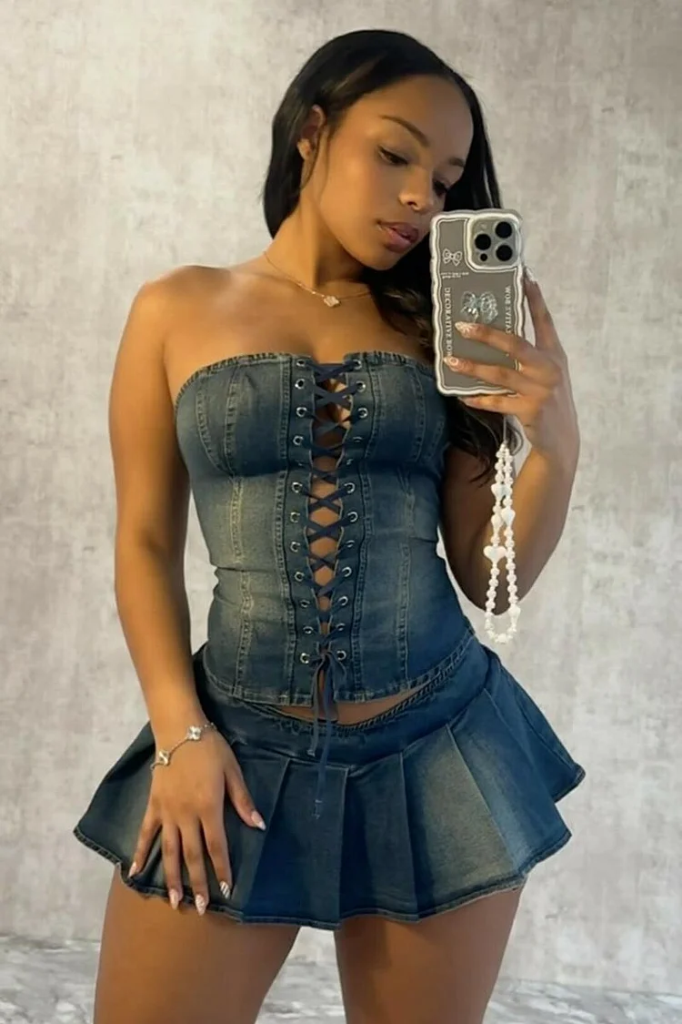 Lace Up Slim-Fit Tube Top Pleated Mini Skirt Denim Matching Set