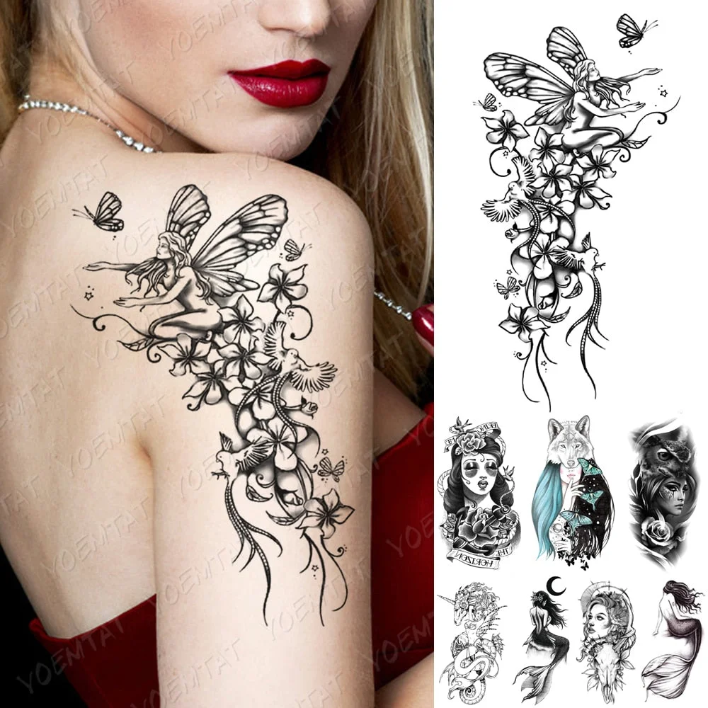 Waterproof Temporary Tattoo Sticker Butterfly Lily Fairy Bird Tattoos Mermaid Girl Body Art Arm Fake Sleeve Tatoo Women Men