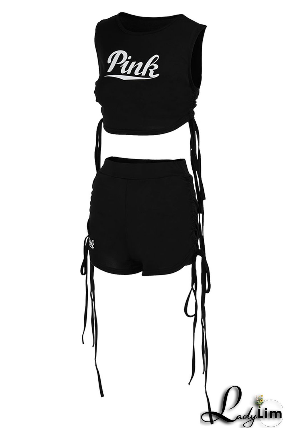 Black Sexy Sportswear Print Patchwork Frenulum O Neck Sleeveless Two Pieces