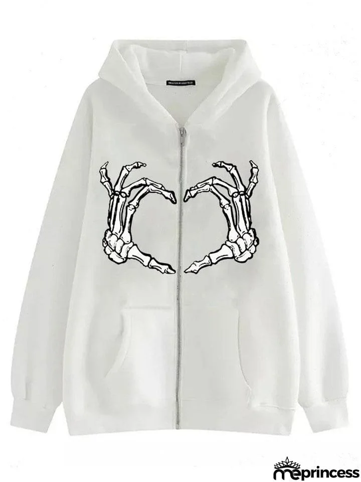 Street Skeleton Hand Print Zipper Hoodies for Men