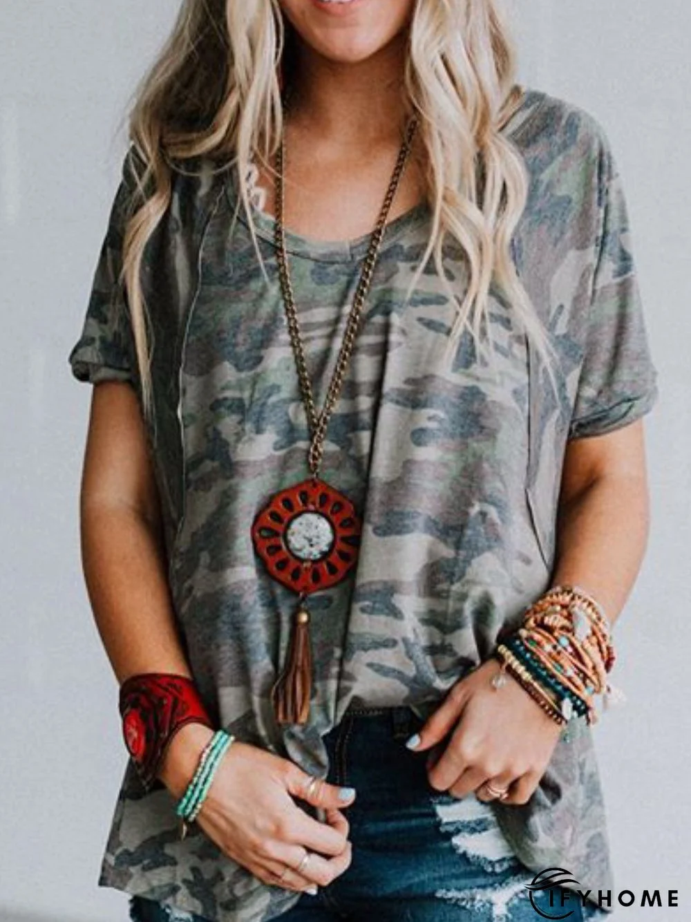 Camouflage Simple Round Neck Short Sleeve Tops | IFYHOME