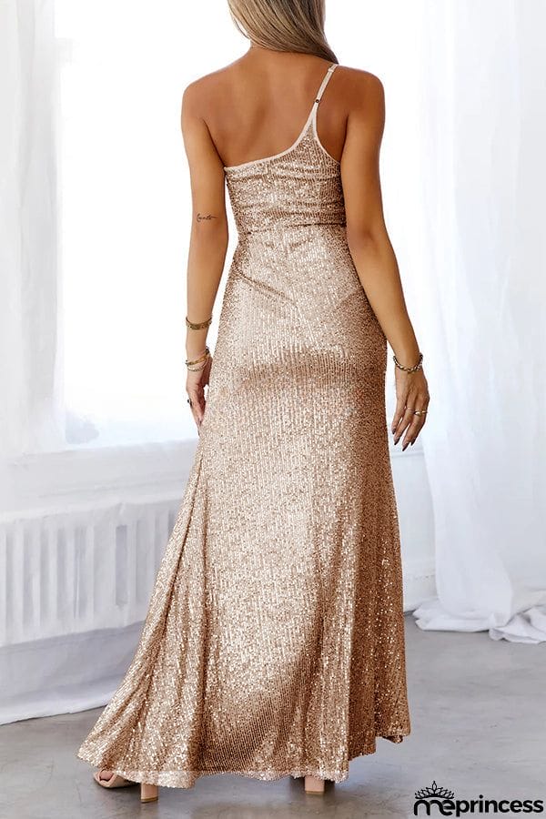 Stunning Views Sequined One Shoulder Slit Maxi Dress