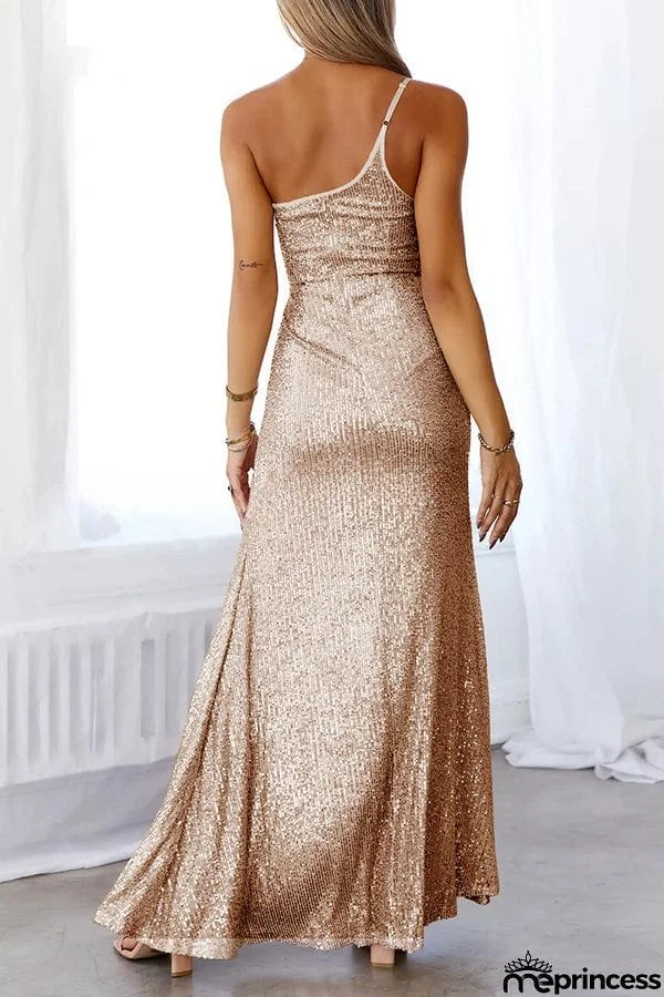 Stunning Views Sequined One Shoulder Slit Maxi Dress