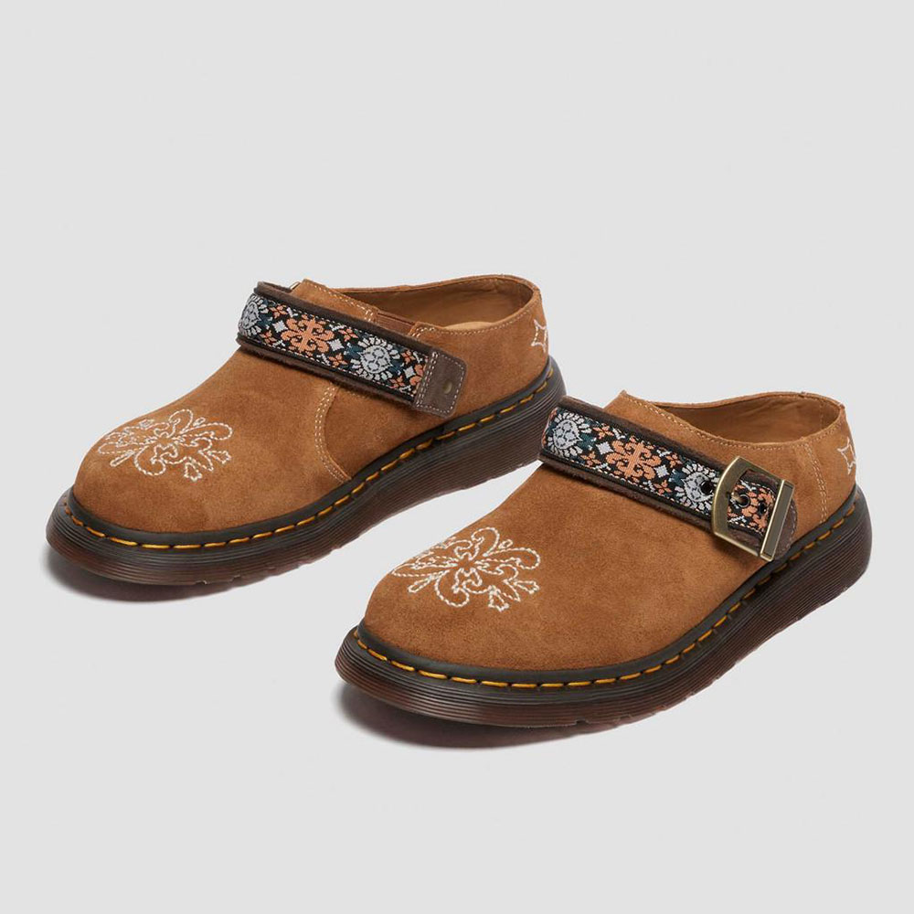 Tan Vegan Suede Embroidered Buckle Strap Flat Women's Mules Shoes Nicepairs
