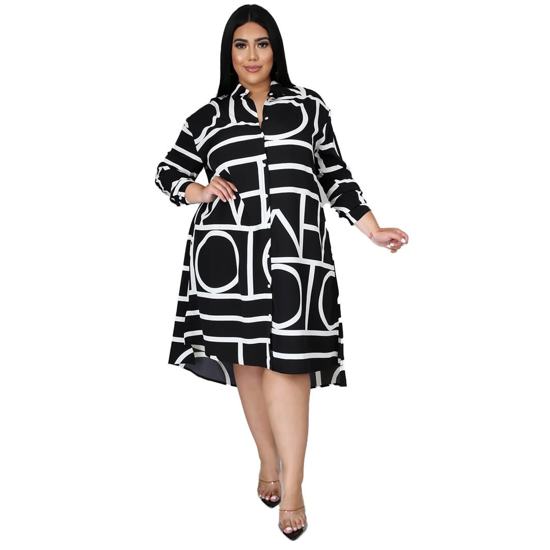 CM.YAYA Women Plus Size Dress Print Full Sleeve Single Breasted Loose Straight Knee Length Dresses Fashion Casual Outfit Summer