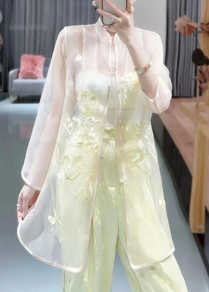 Women White Embroidered Button Tulle Shirts Long Sleeve
