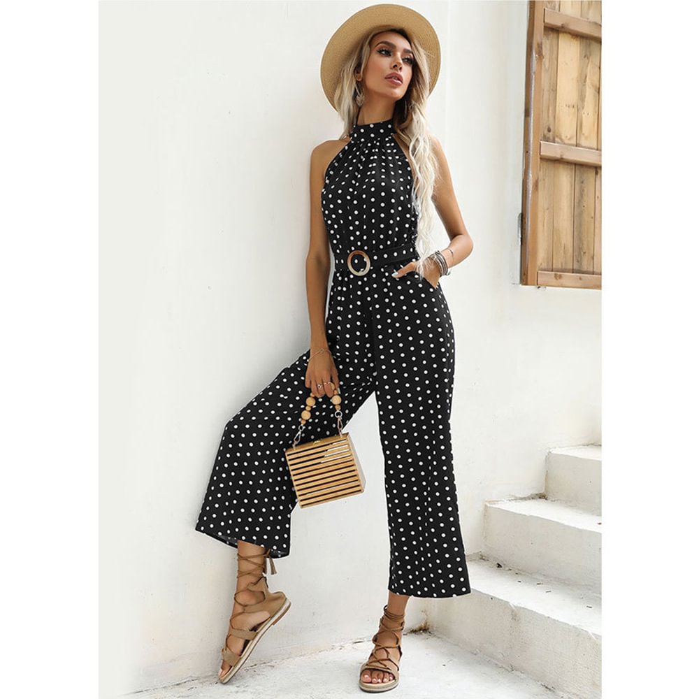 Summer Women's Dot Printed Jumpsuit Black Halter Straps