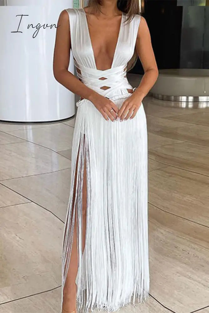 Sexy Solid Tassel Backless V Neck Sleeveless Dresses White / S Dresses/Casual