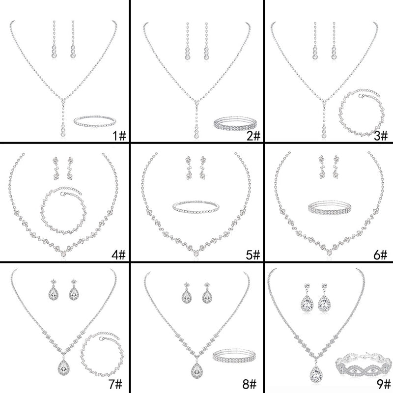 Bridesmaid Dance Costume Rhinestone Jewelry Suit Bridal Wedding Metal Zircon Water Drop Wave Necklace Earrings Bracelet