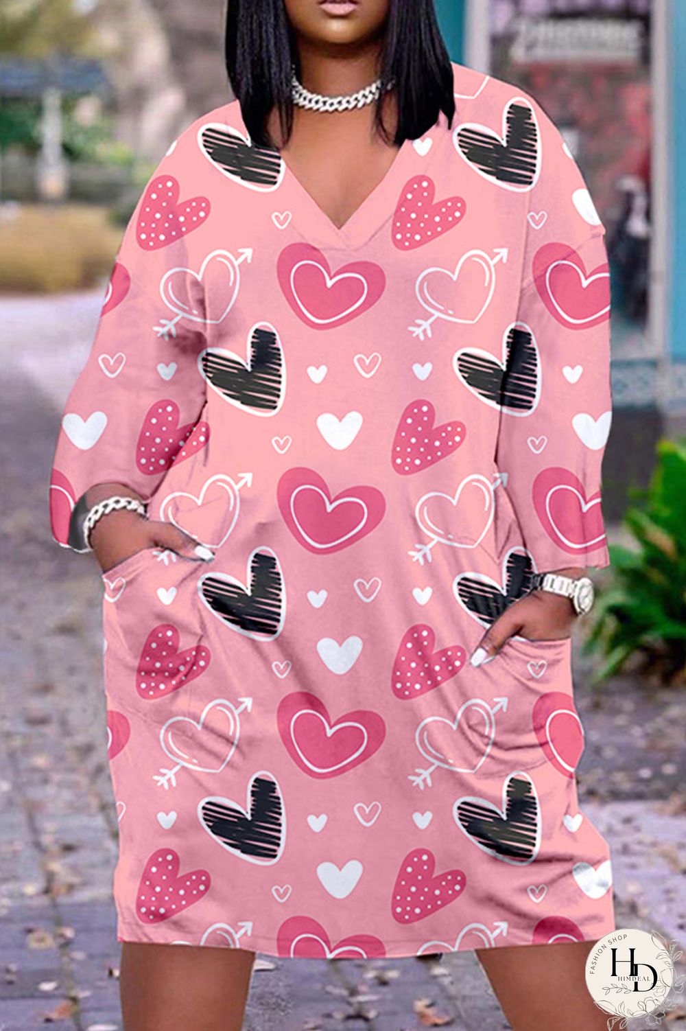 Deep Pink Casual Print Basic V Neck Long Sleeve Dresses