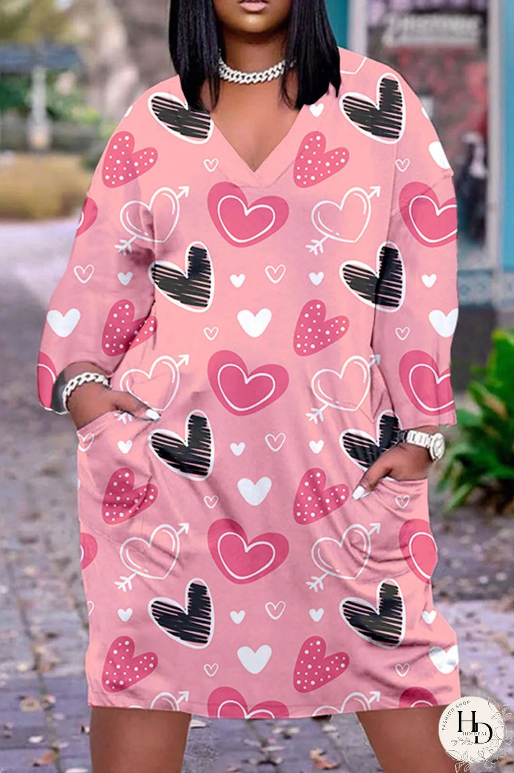 Deep Pink Casual Print Basic V Neck Long Sleeve Dresses