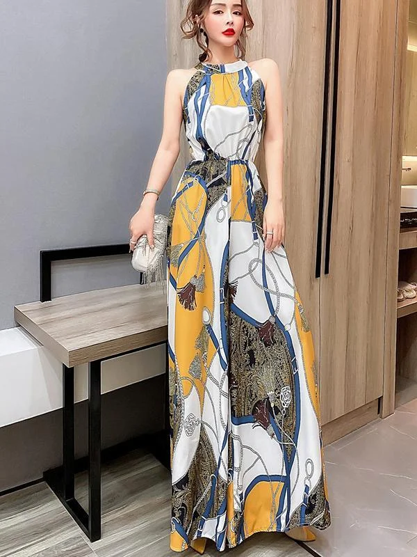 Fashion hanging neck strapless sleeveless long wide leg pants