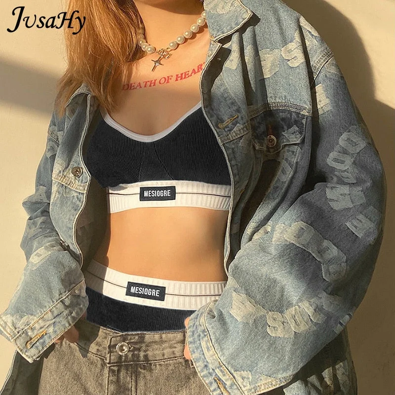 JusaHy Beach Style Two Piece Sets Women V-Neck Casual Letter Embroidery Camisole Top+Briefs Matching Shorts Vacation Outfits Hot