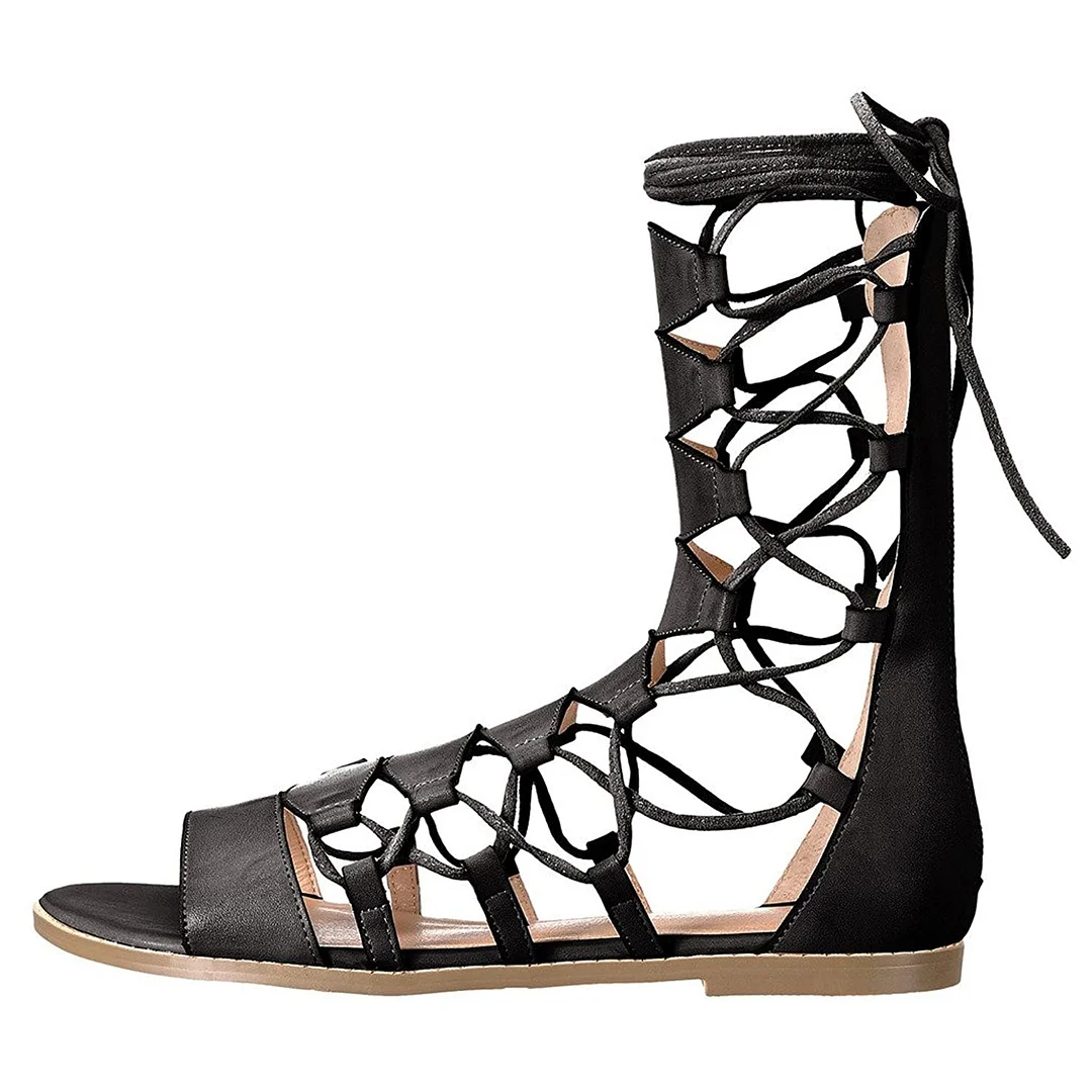 Black Vegan Leather Round Toe Lace-Up Back-Zip Gladiator Flat Sandals