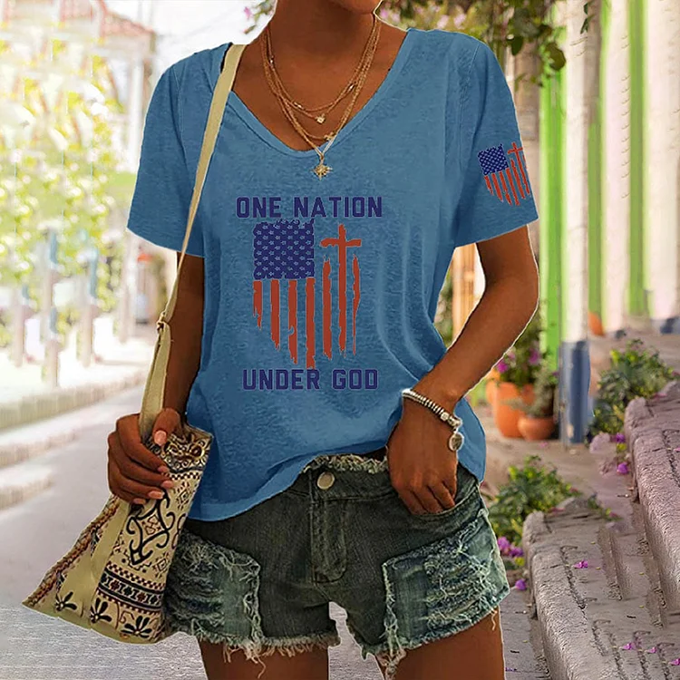 VChics Women's Independence Day Flag One Nation Under God Print Casual T-Shirt