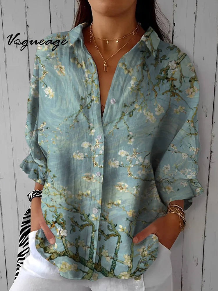 Elegant And Gentle Flowers Printed Three-Quarter Sleeves Cotton And Linen Shirt